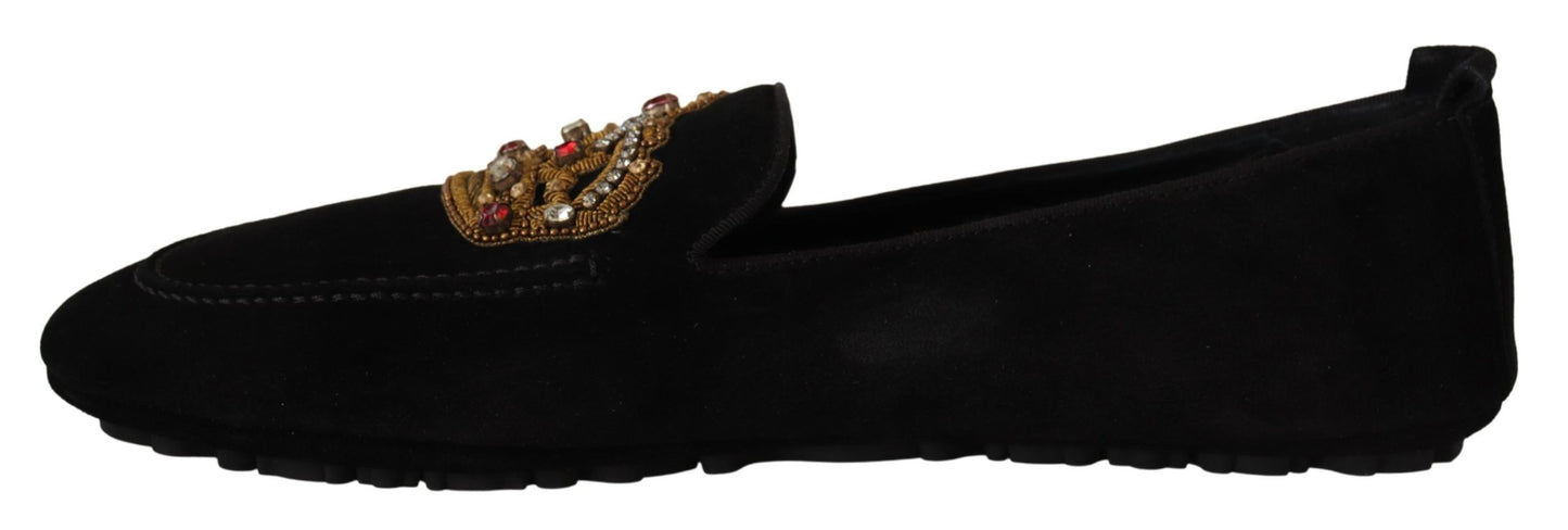 Elegant Black Leather Loafer Slides with Gold Embroidery