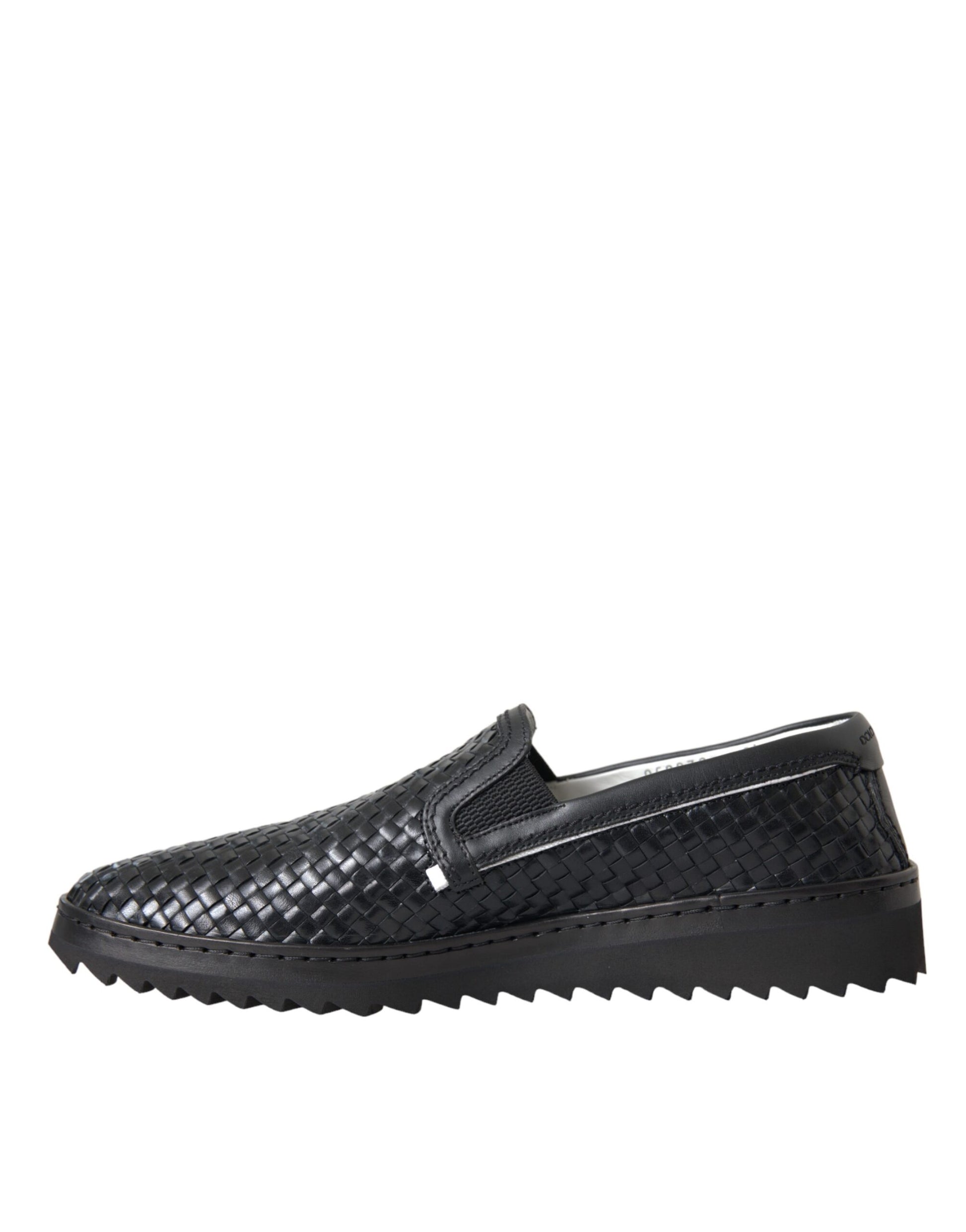 Black Woven Buffalo Leather Men Loafers Shoes