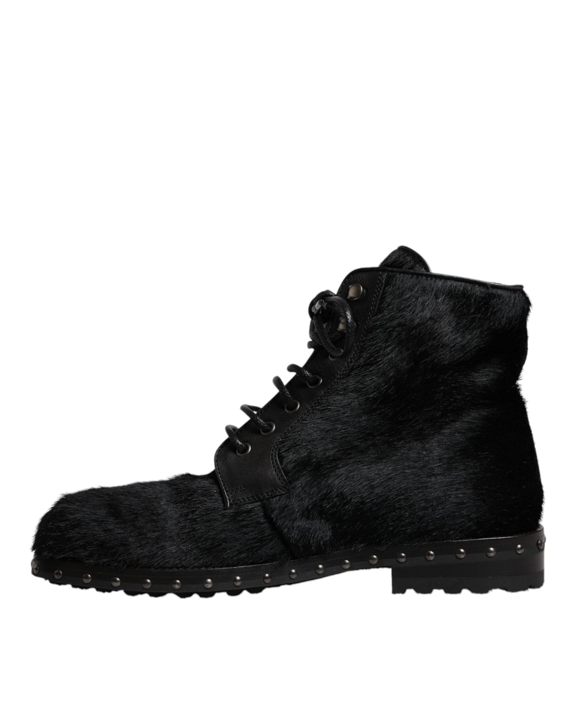 Black Pony Style Leather Mid Calf Boots Shoes