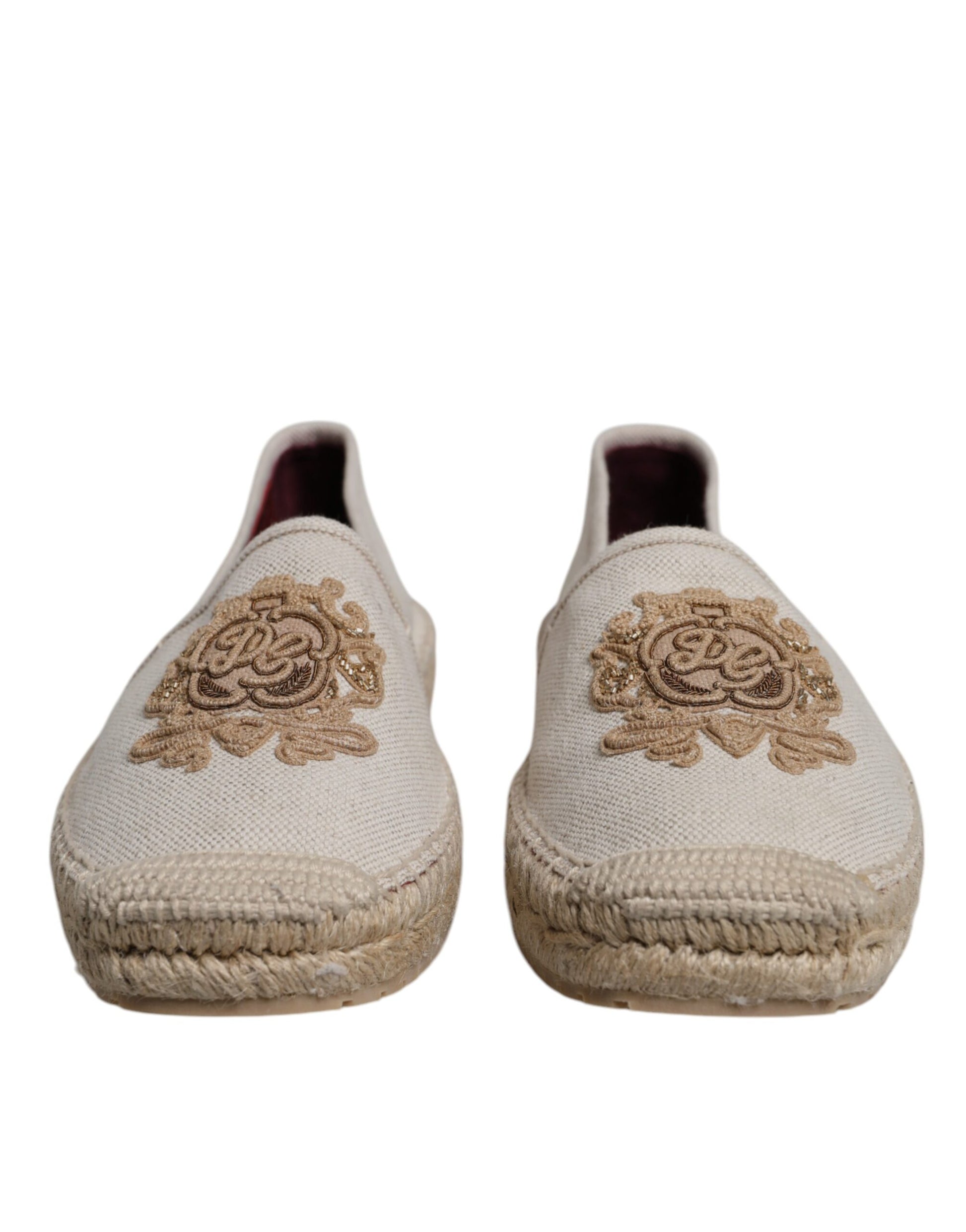 Beige Canvas Embroidered Slip On Espadrilles Shoes