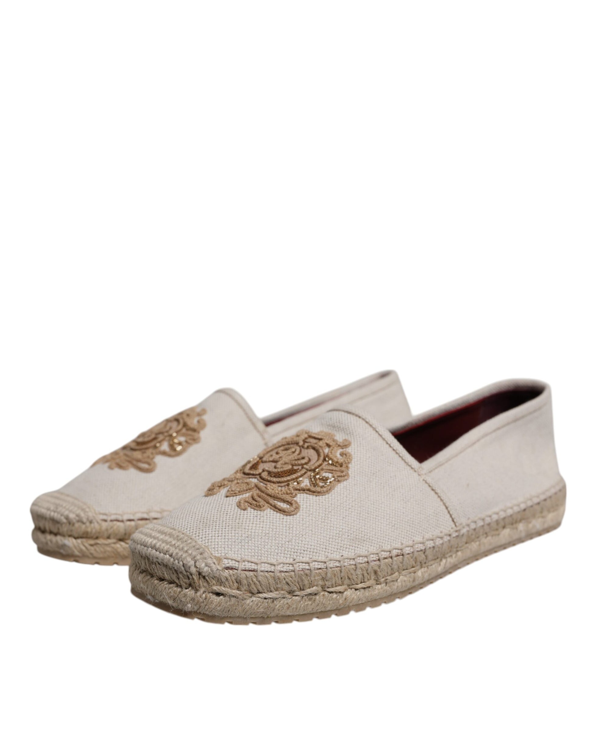 Beige Canvas Embroidered Slip On Espadrilles Shoes