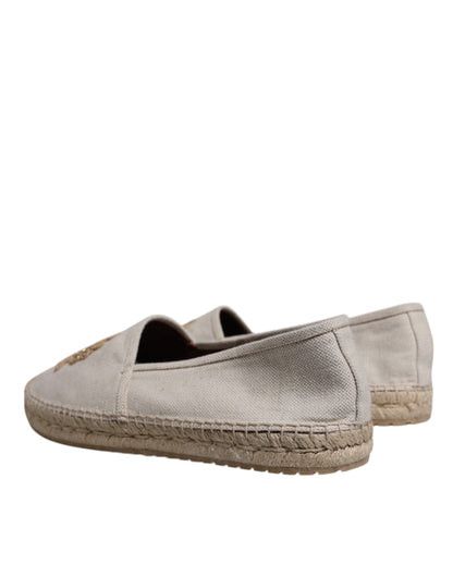 Beige Canvas Embroidered Slip On Espadrilles Shoes