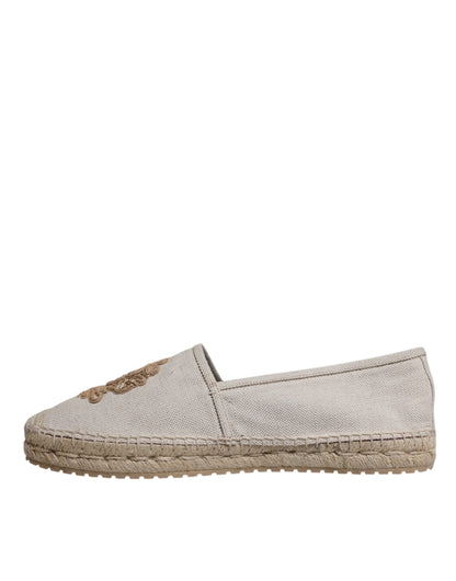 Beige Canvas Embroidered Slip On Espadrilles Shoes