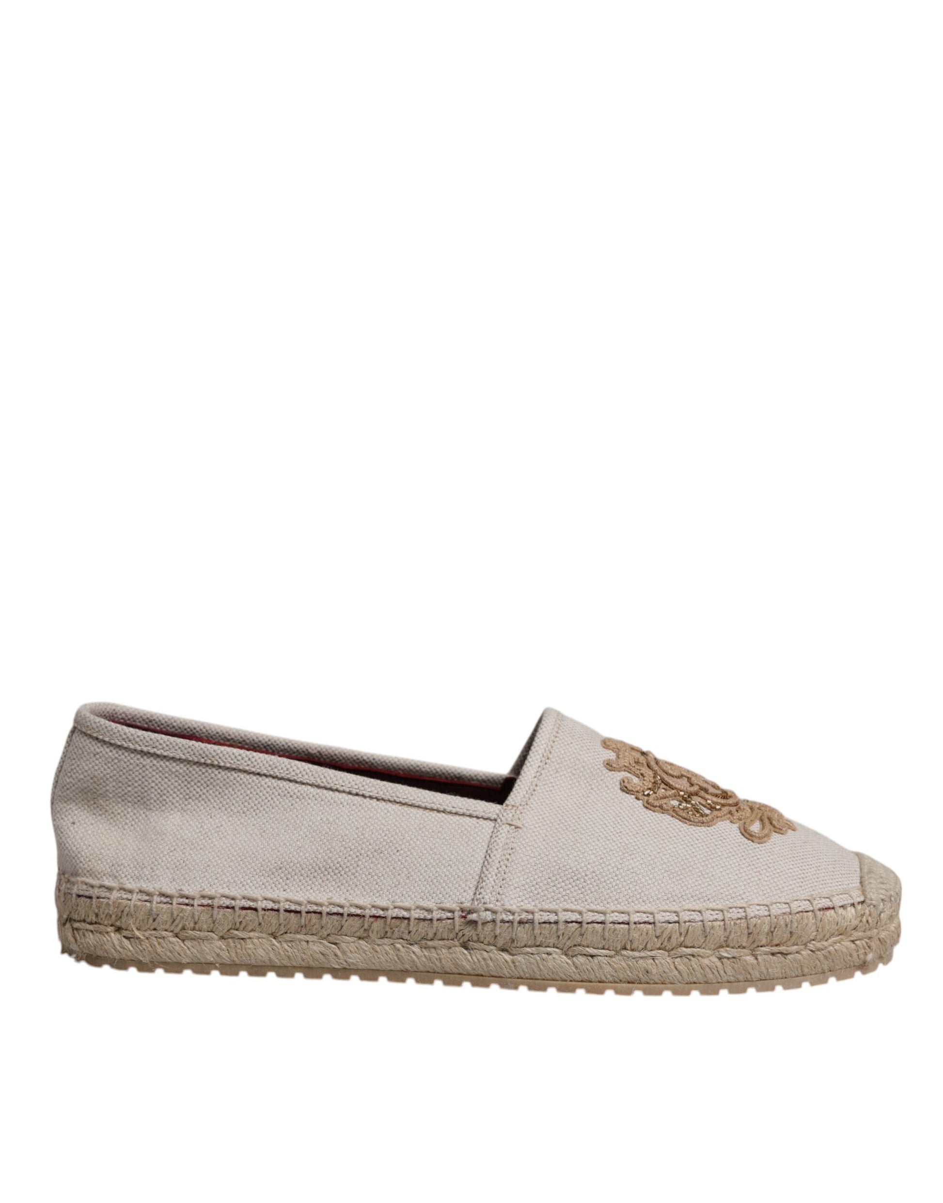 Beige Canvas Embroidered Slip On Espadrilles Shoes