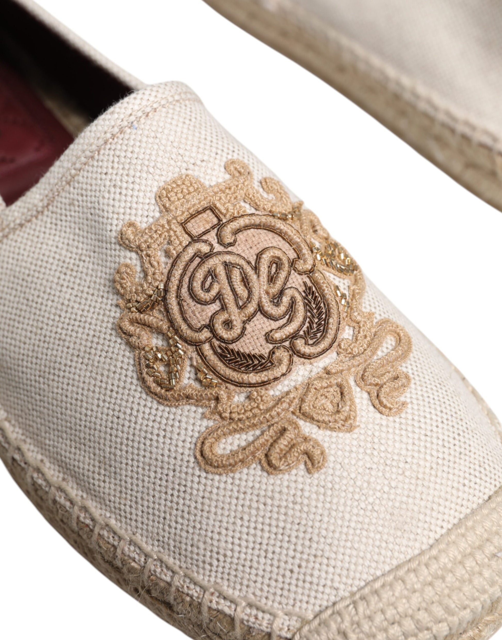 Beige Canvas Embroidered Slip On Espadrilles Shoes