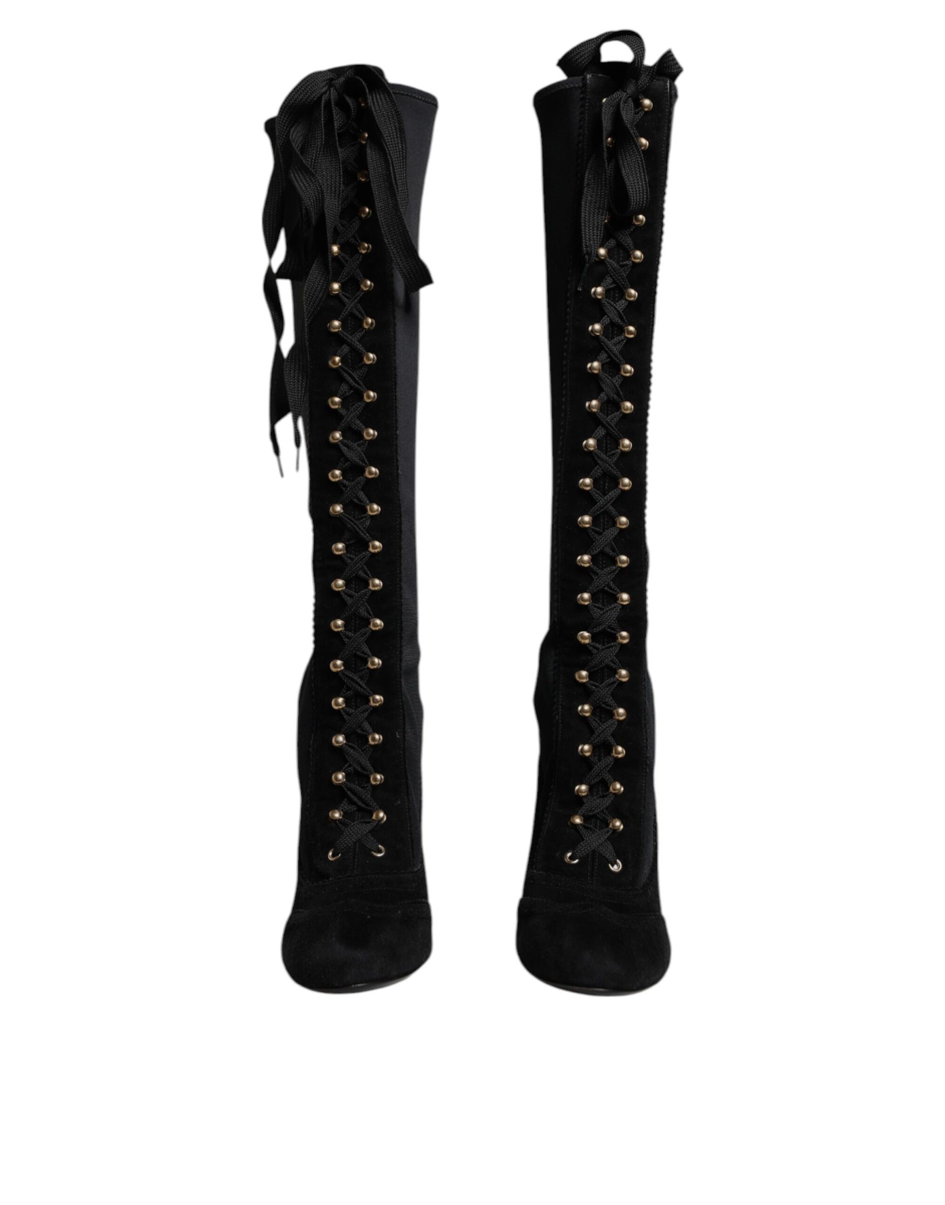Black Lace Up Heels High Boots Shoes