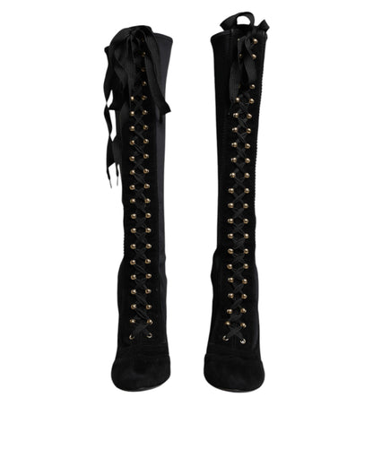 Black Lace Up Heels High Boots Shoes