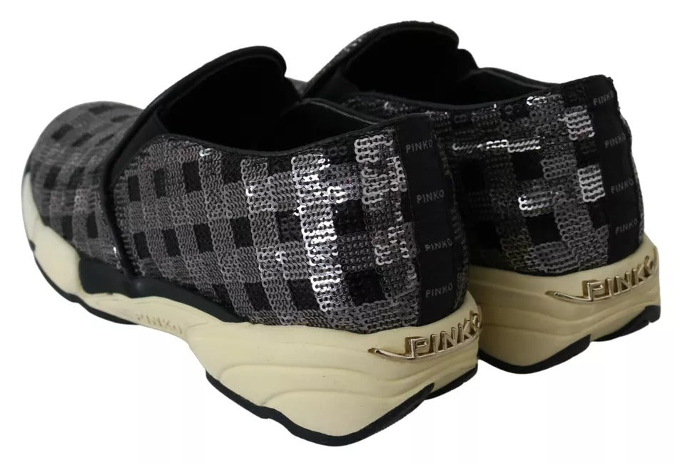 Silver Black Slip-on Sequence Design Sneakers Shoes