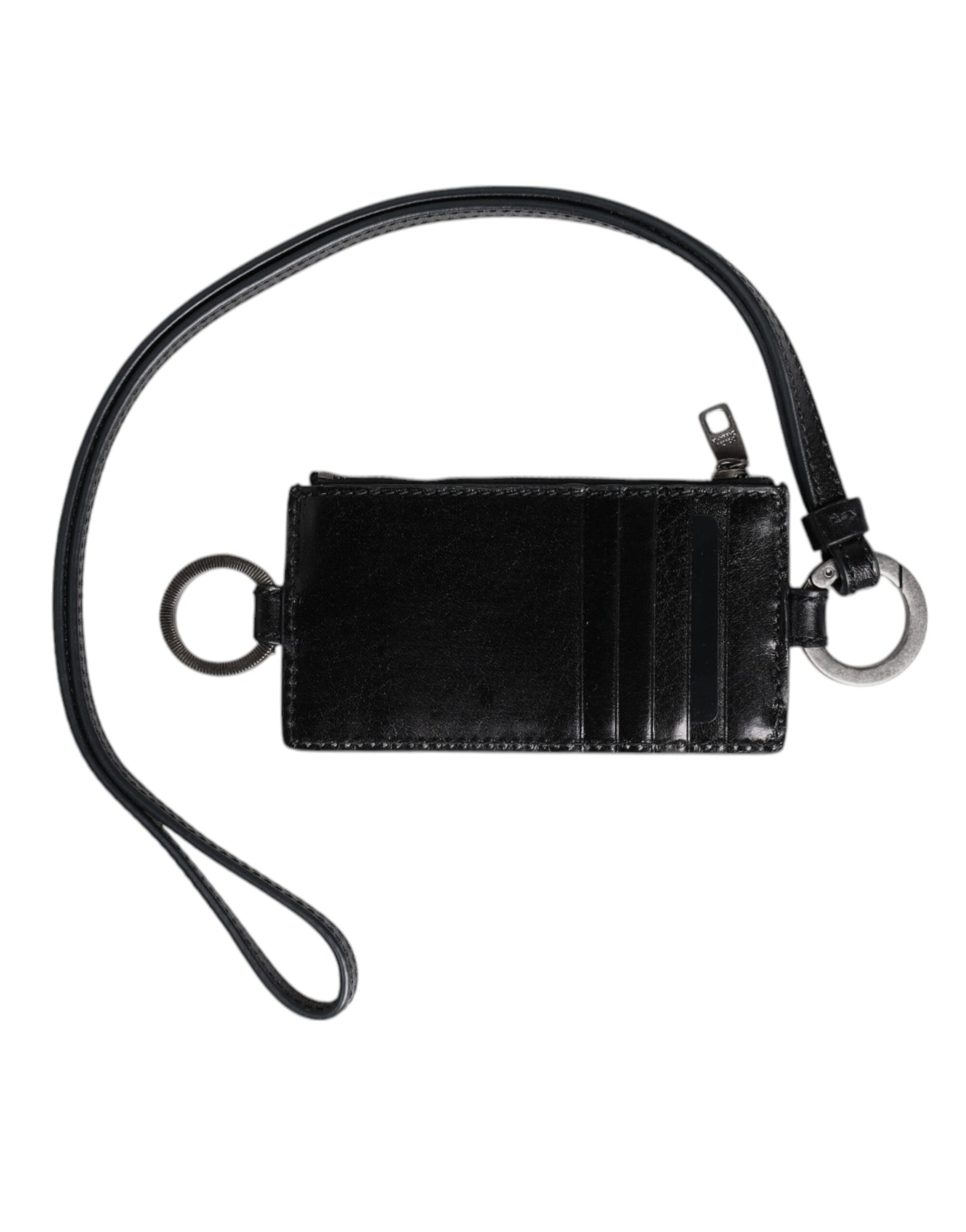 Black Leather Logo Embossed Lanyard Card Holder Wallet