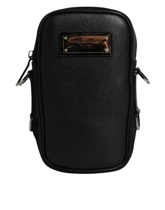 Black Nylon Leather Logo Plaque Crossbody Sling Bag