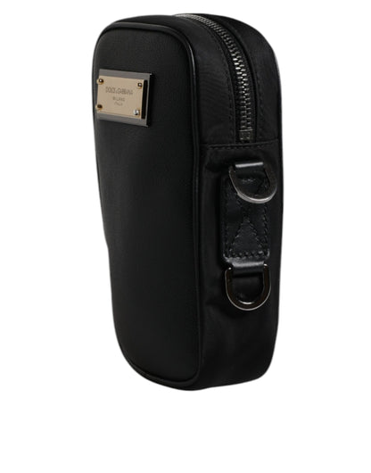 Black Nylon Leather Logo Plaque Crossbody Sling Bag