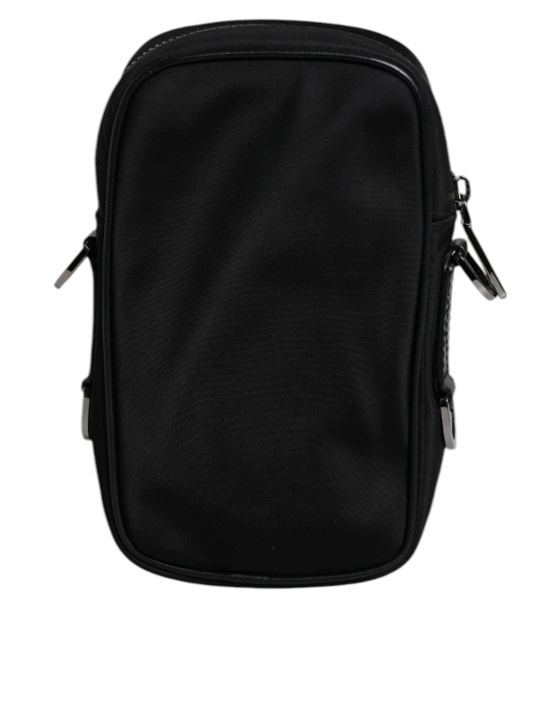 Black Nylon Leather Logo Plaque Crossbody Sling Bag