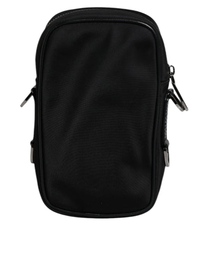 Black Nylon Leather Logo Plaque Crossbody Sling Bag