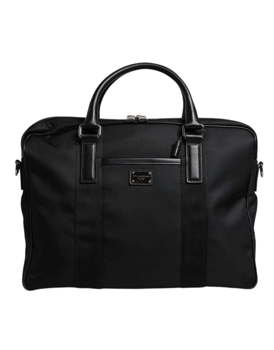 Black Leather Document Briefcase Top Handle Bag