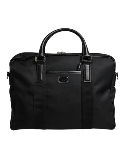 Black Leather Document Briefcase Top Handle Bag