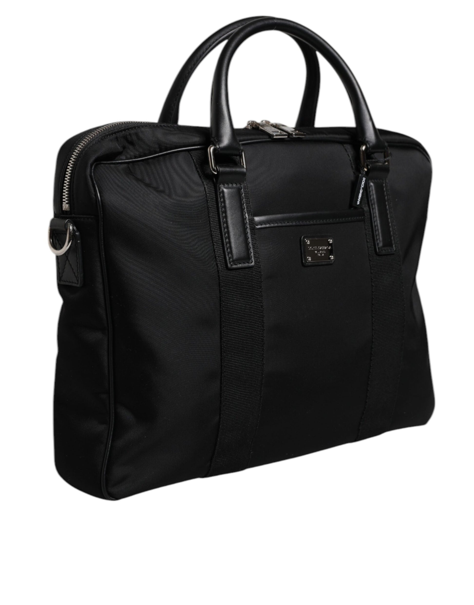 Black Leather Document Briefcase Top Handle Bag