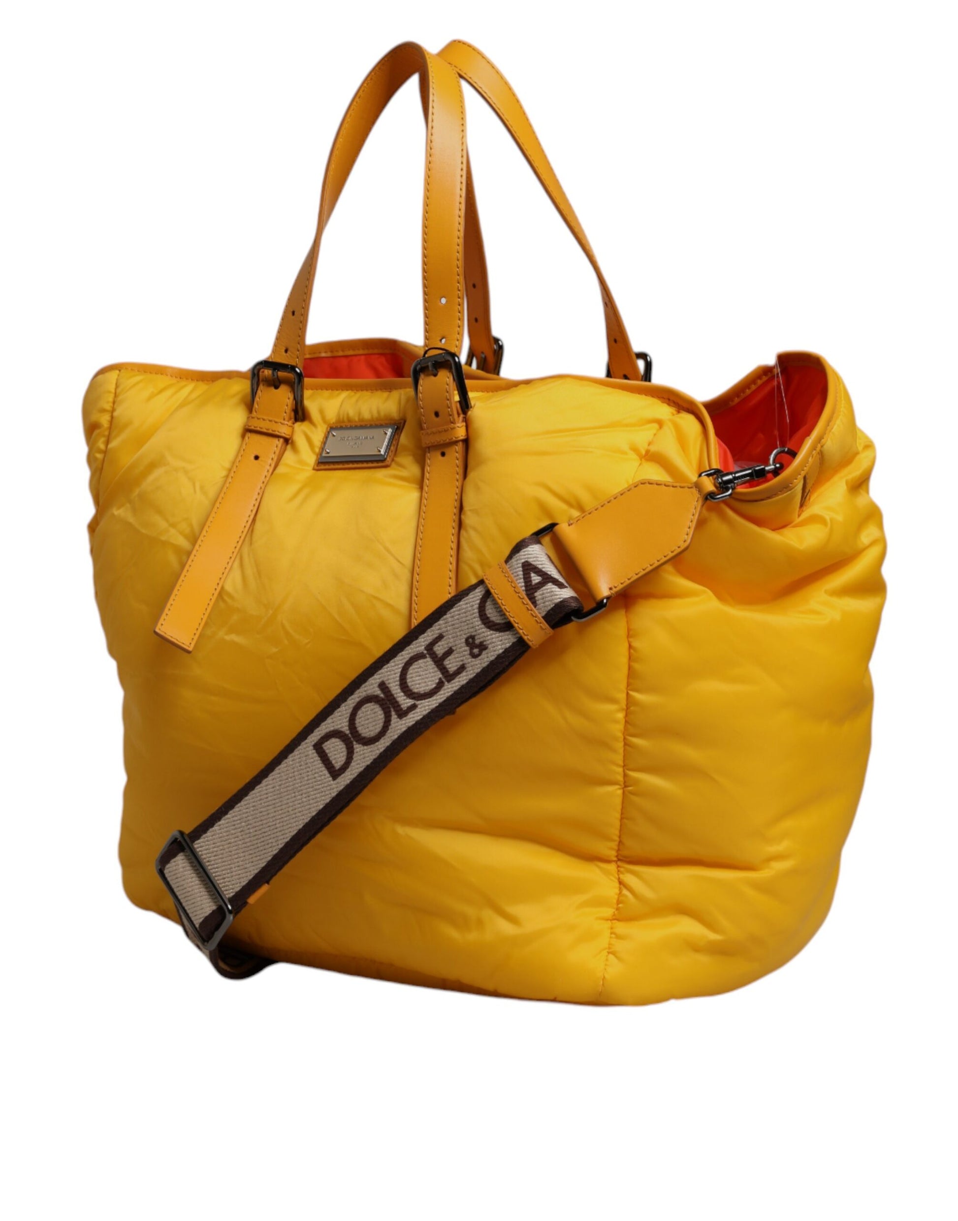 Yellow Orange Nylon Logo Plaque Hand Shoulder Duffle Bag