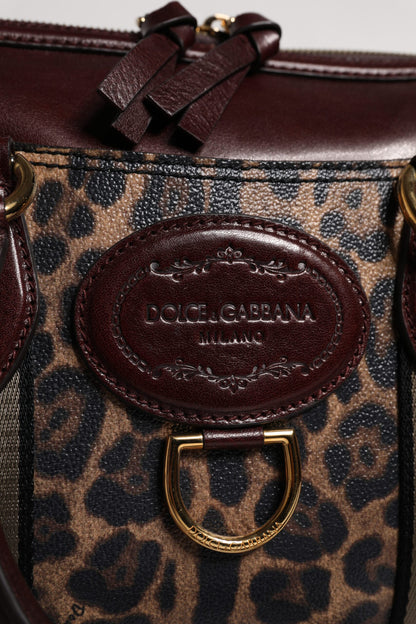 Brown Leopard Leather Shoulder Strap Duffle Bag