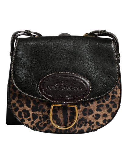 Black Brown Leopard Leather Shoulder Strap Bag