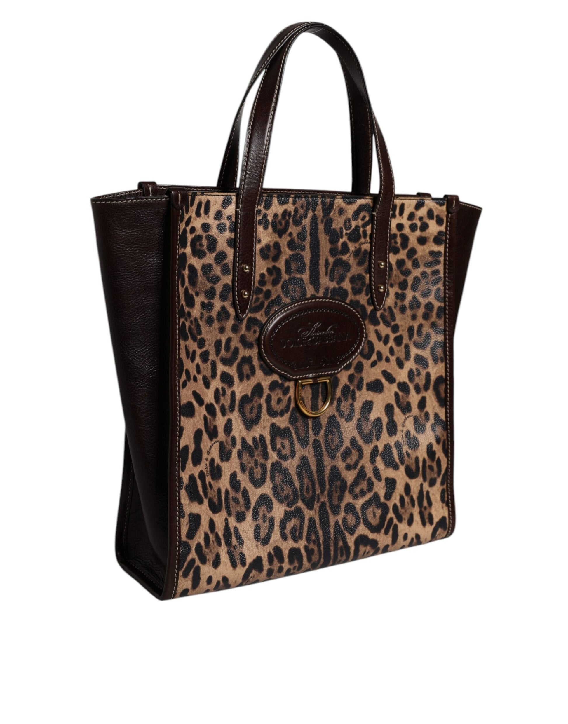 Brown Leopard Leather Shoulder Strap Tote Bag