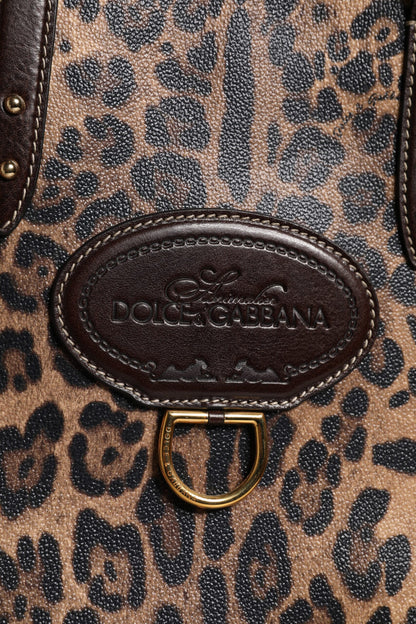 Brown Leopard Leather Shoulder Strap Tote Bag
