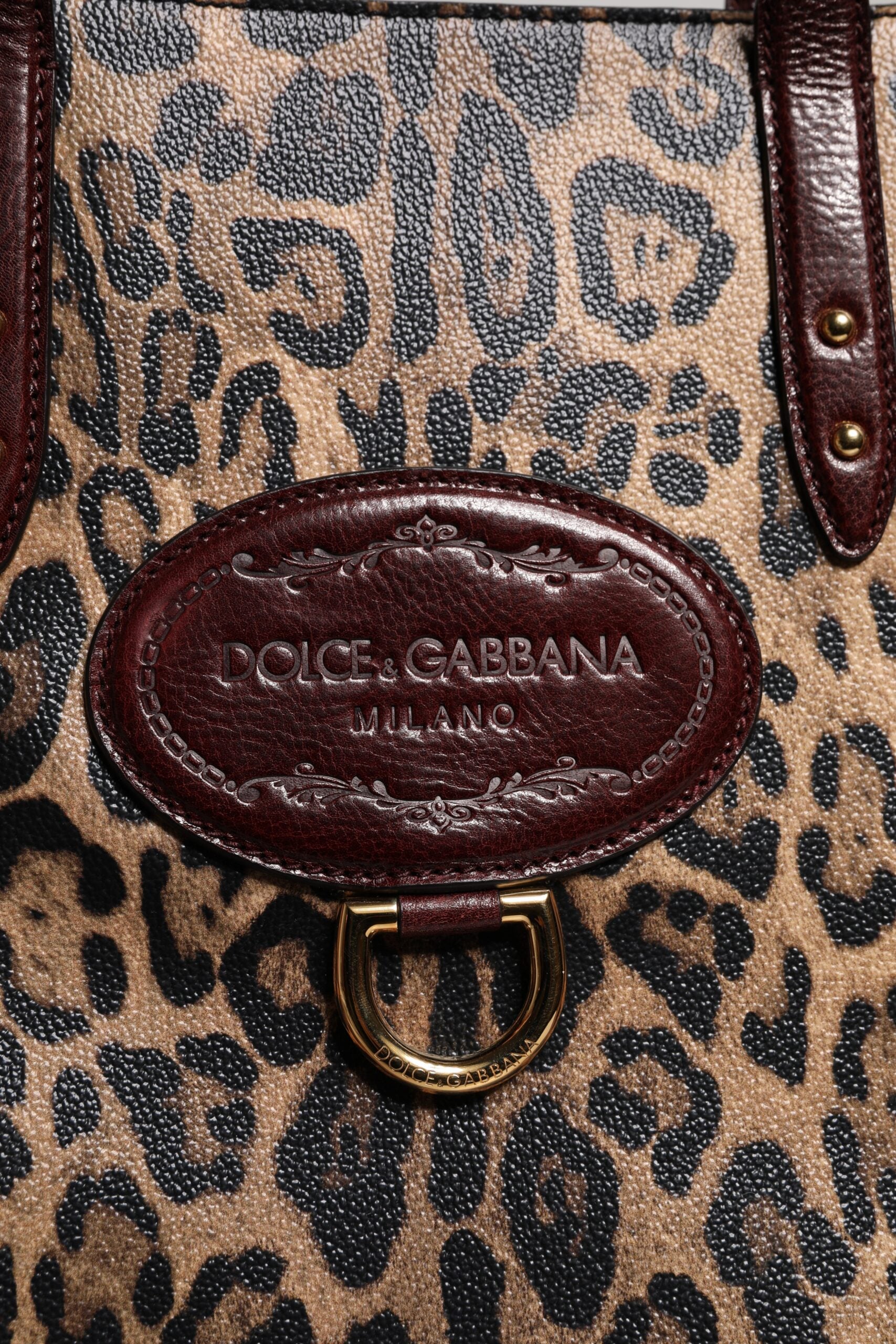 Brown Leopard Leather Shoulder Strap Tote Bag