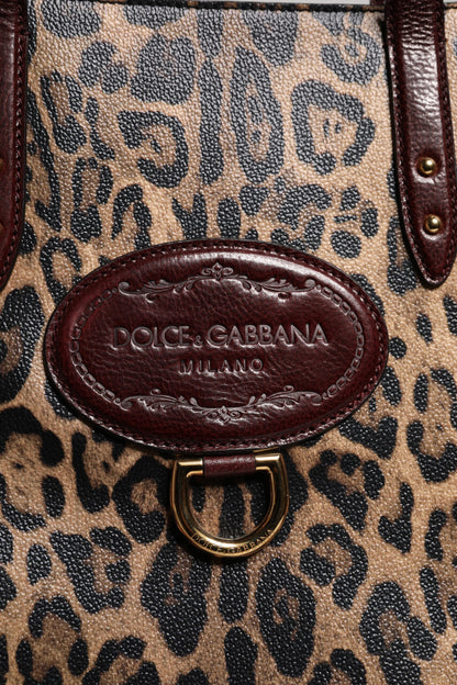 Brown Leopard Leather Shoulder Strap Tote Bag