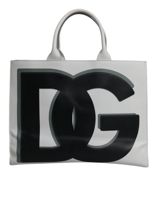 White Logo Print DG Daily Calfskin Shopping Tote Bag