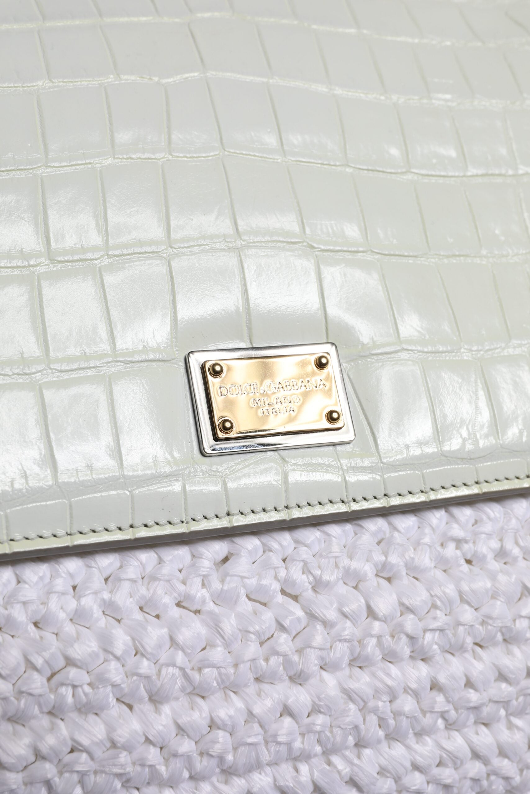 White Rafia Leather Top Handle Crossbody Bag