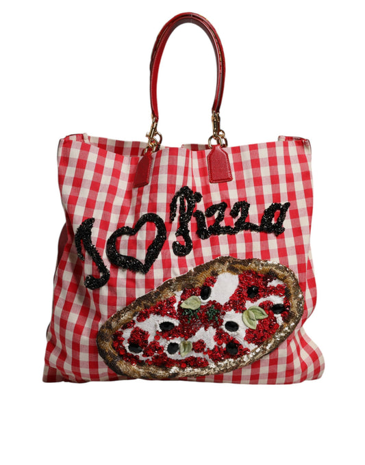 Red Checkered Embellished Shopping Tote Cotton Bag