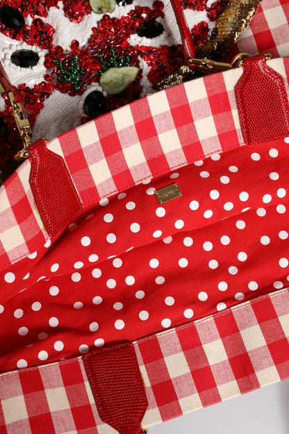 Red Checkered Embellished Shopping Tote Cotton Bag
