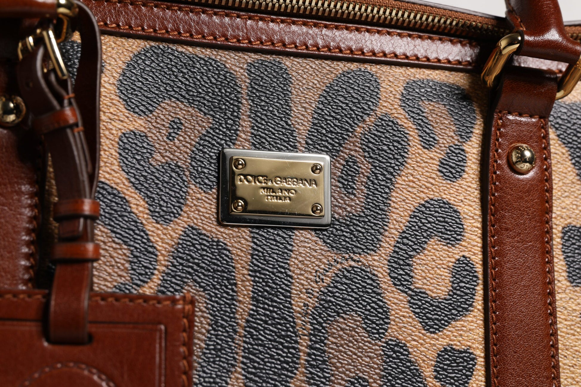 Brown Leopard Print Logo Plaque Top Handle Handbag Bag
