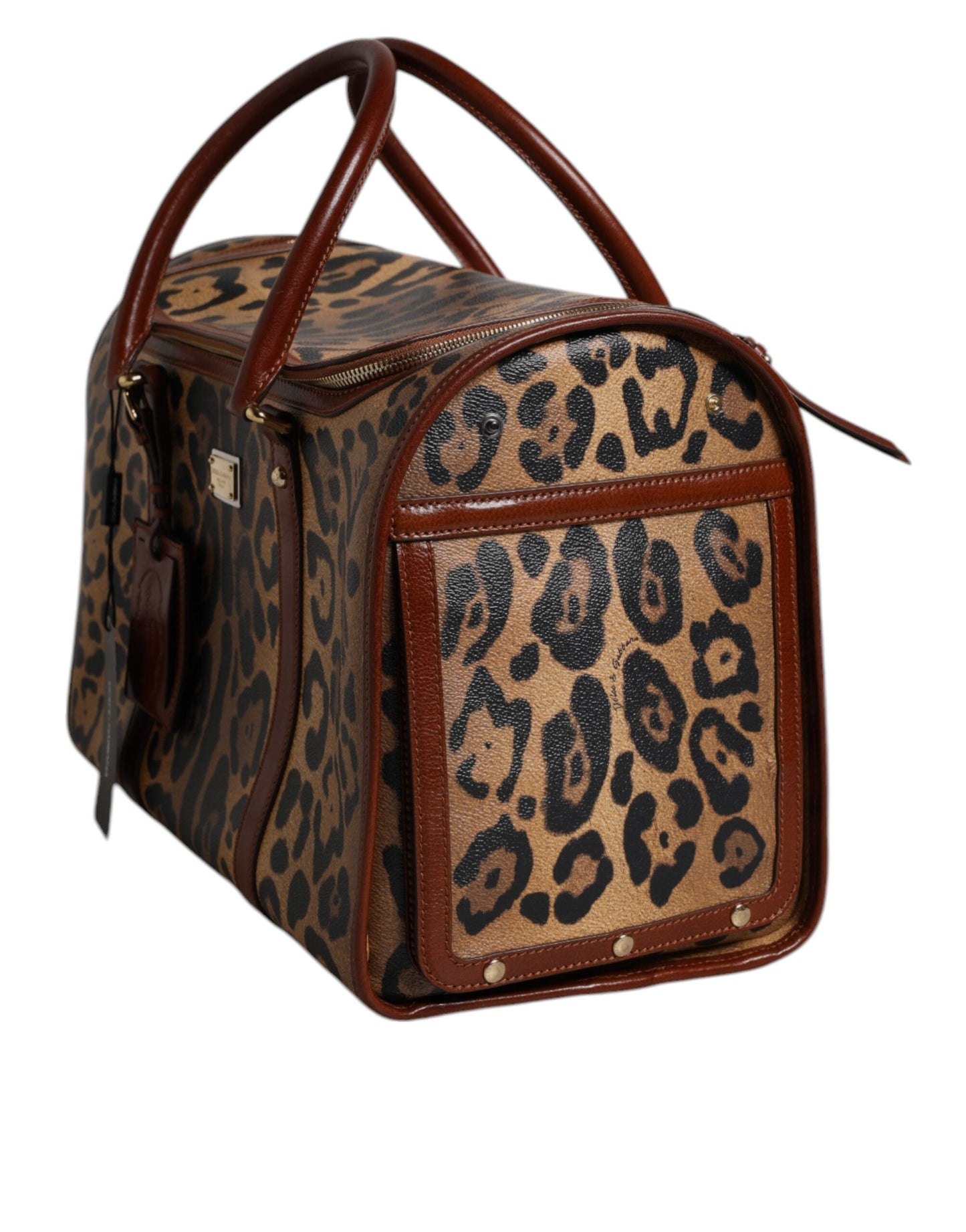 Brown Leopard Print Logo Plaque Top Handle Handbag Bag