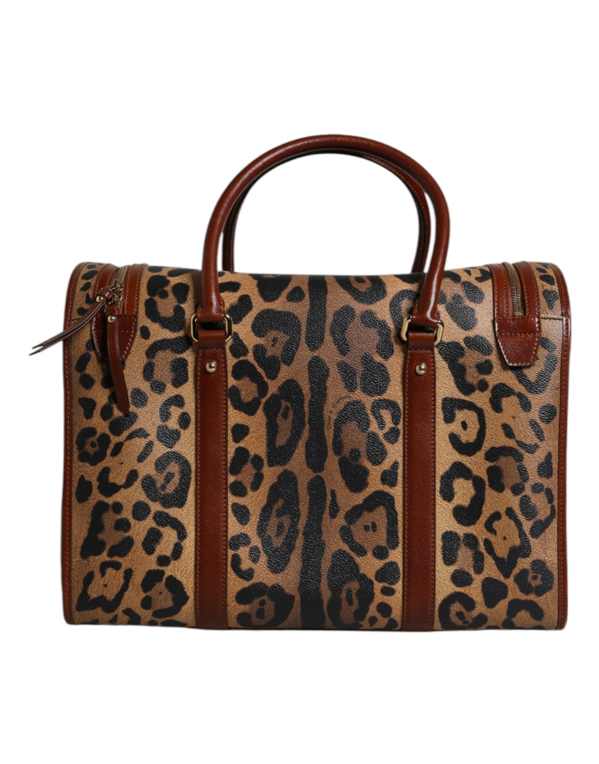 Brown Leopard Print Logo Plaque Top Handle Handbag Bag