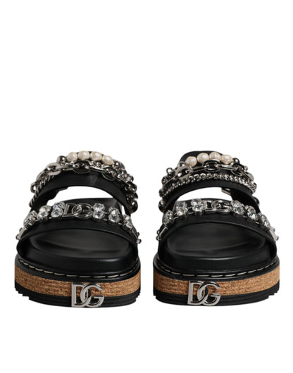Black Crystal Embellish Strap Sandals Shoes