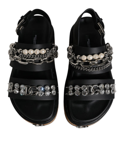 Black Crystal Embellish Strap Sandals Shoes