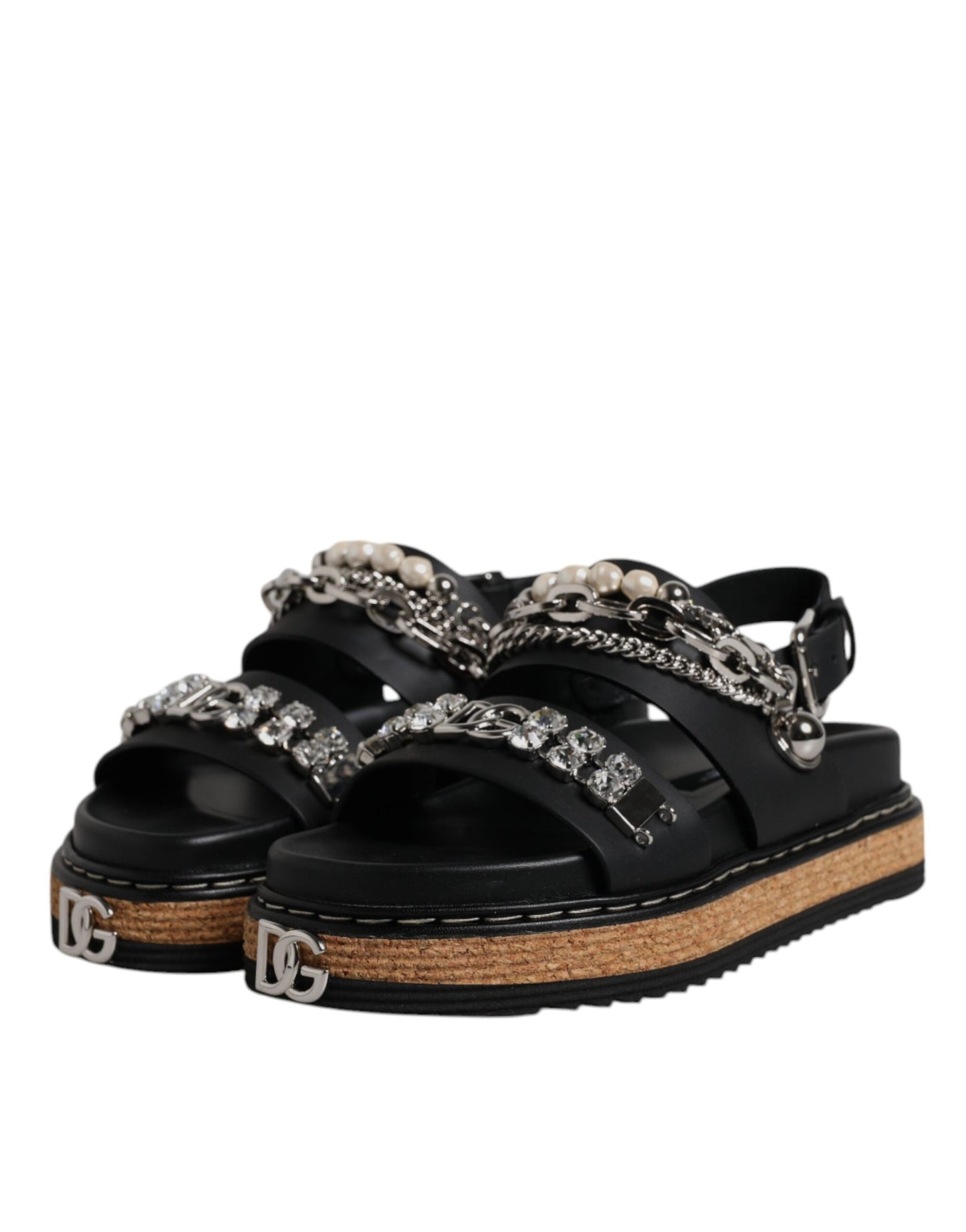 Black Crystal Embellish Strap Sandals Shoes