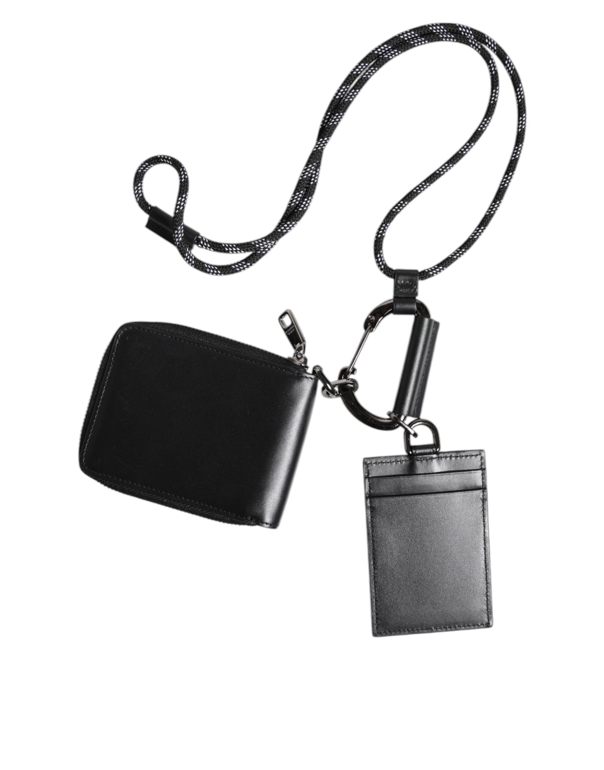 Black Leather Lanyard Zip Around Card Holder Wallet