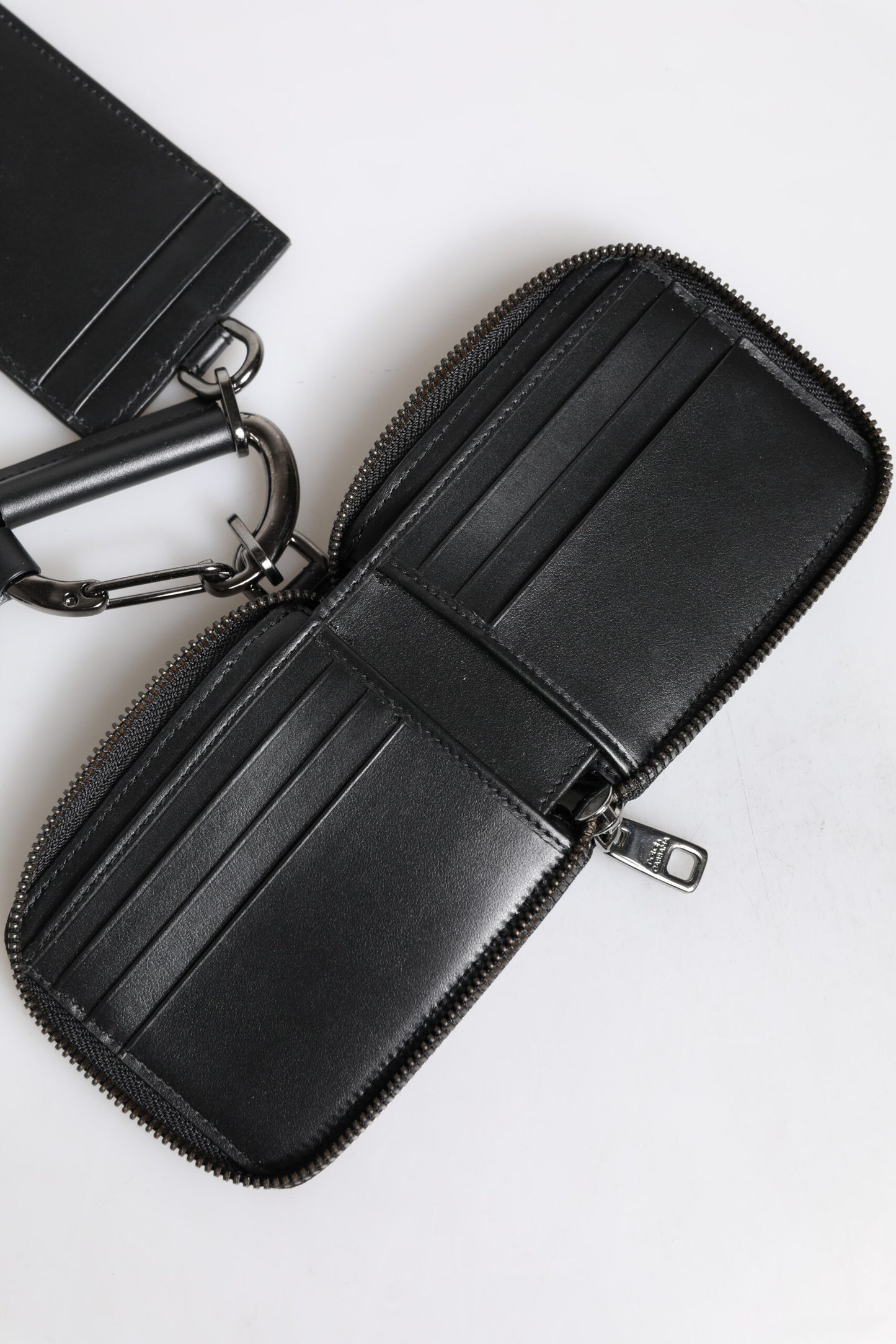 Black Leather Lanyard Zip Around Card Holder Wallet