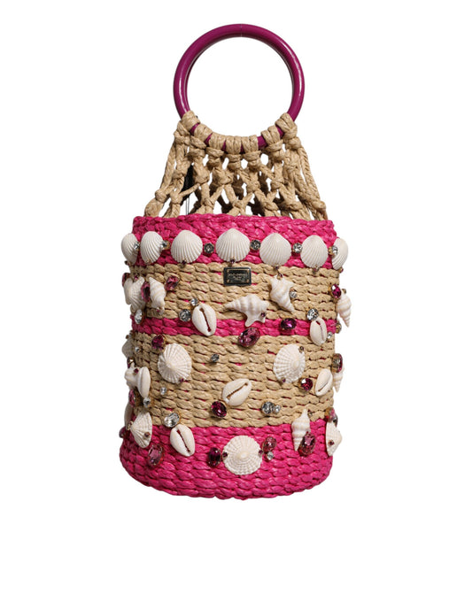 Multicolor Bucket Raffia Seashells Crystals Handbag Bag