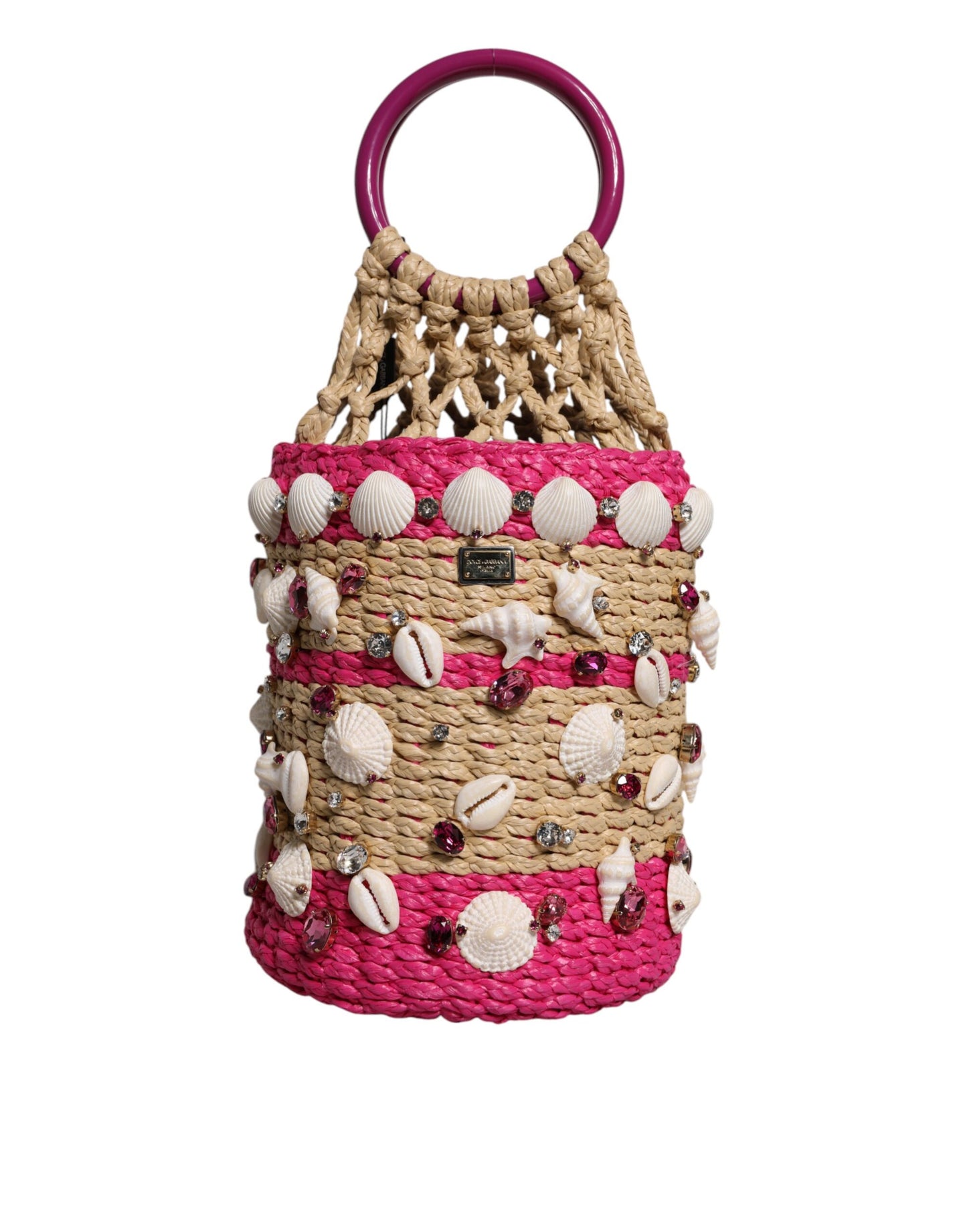Multicolor Bucket Raffia Seashells Crystals Handbag Bag