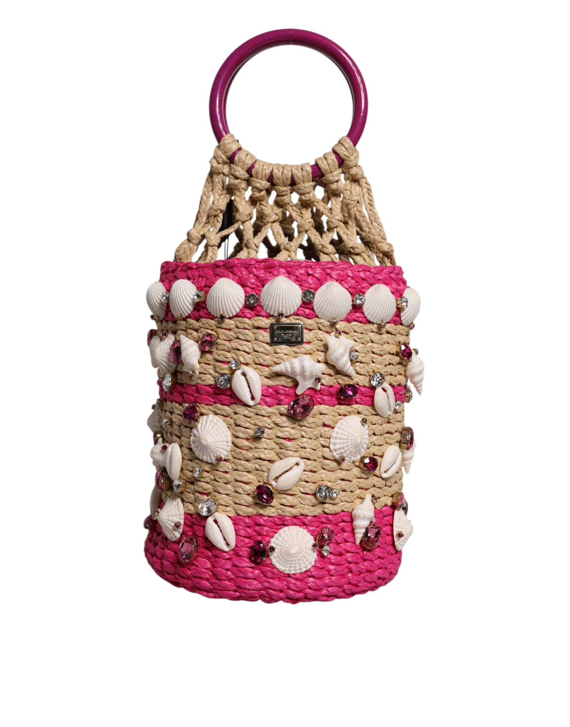 Multicolor Bucket Raffia Seashells Crystals Handbag Bag