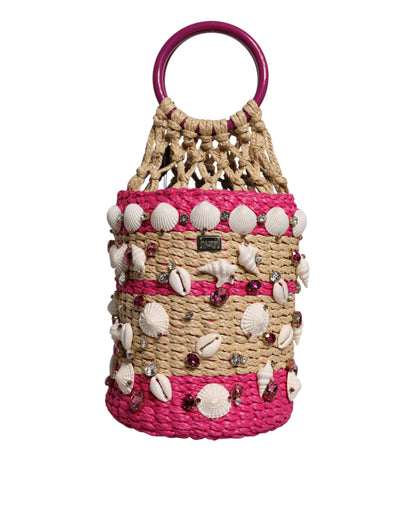 Multicolor Bucket Raffia Seashells Crystals Handbag Bag