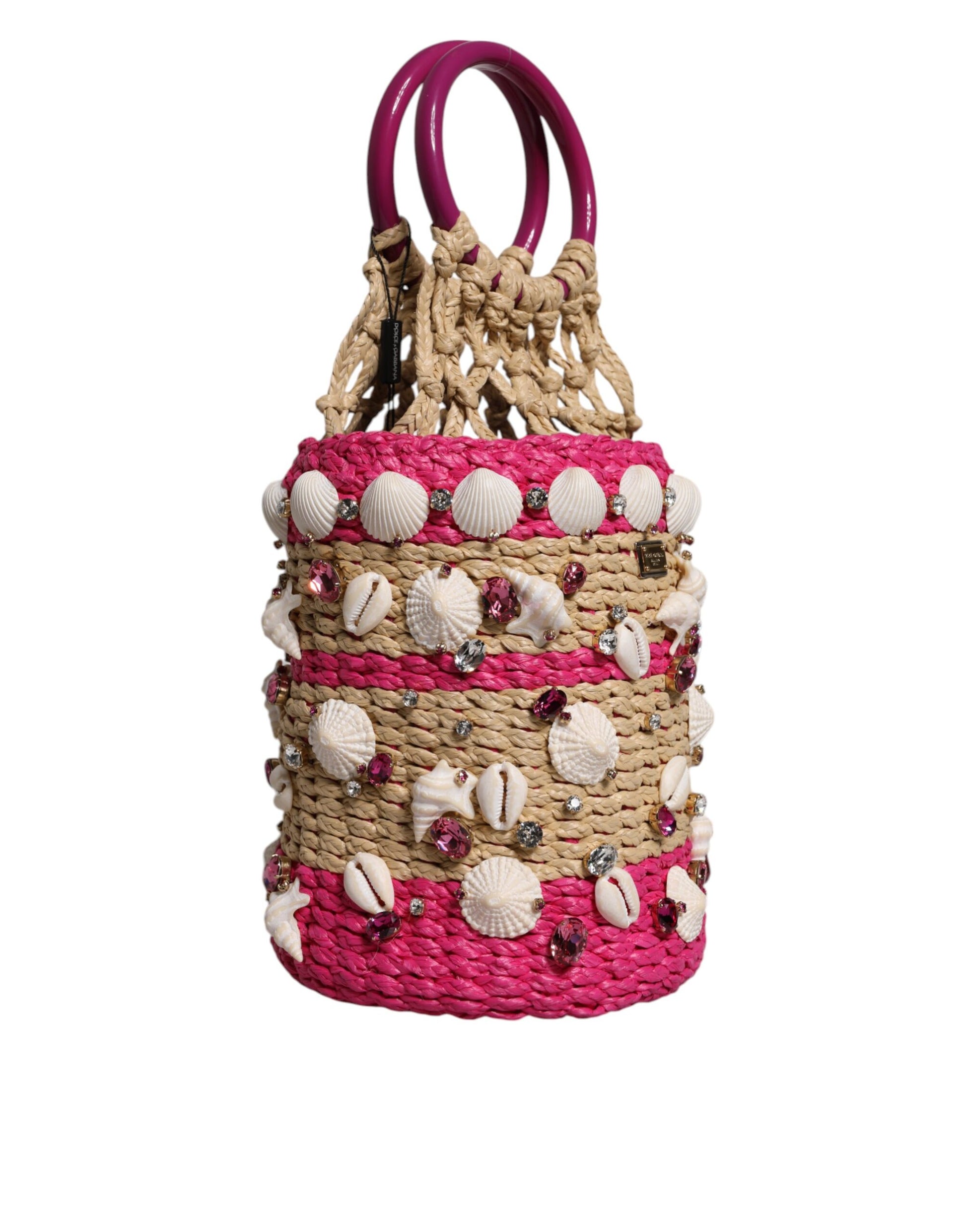 Multicolor Bucket Raffia Seashells Crystals Handbag Bag