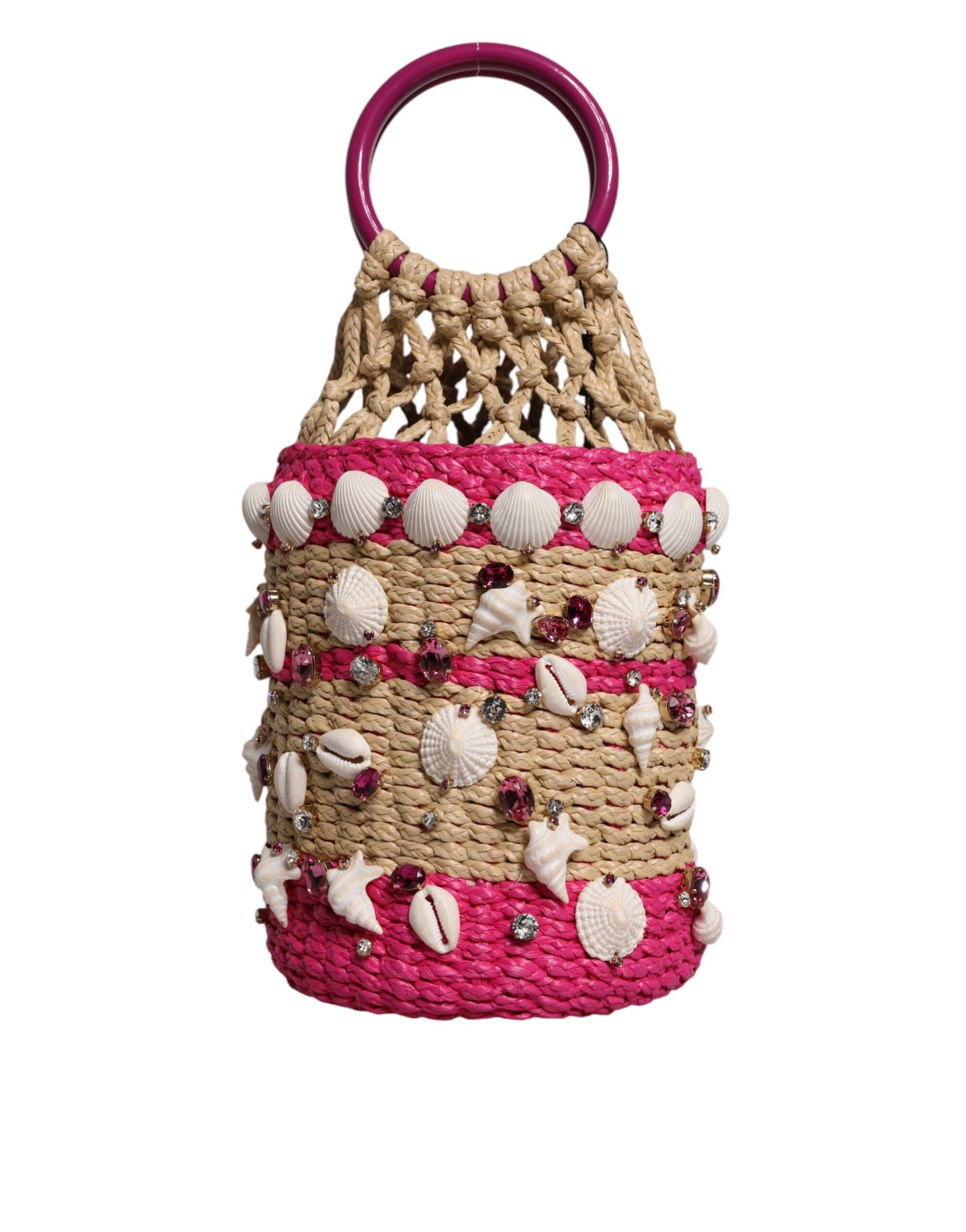 Multicolor Bucket Raffia Seashells Crystals Handbag Bag