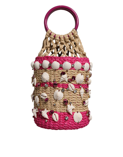 Multicolor Bucket Raffia Seashells Crystals Handbag Bag
