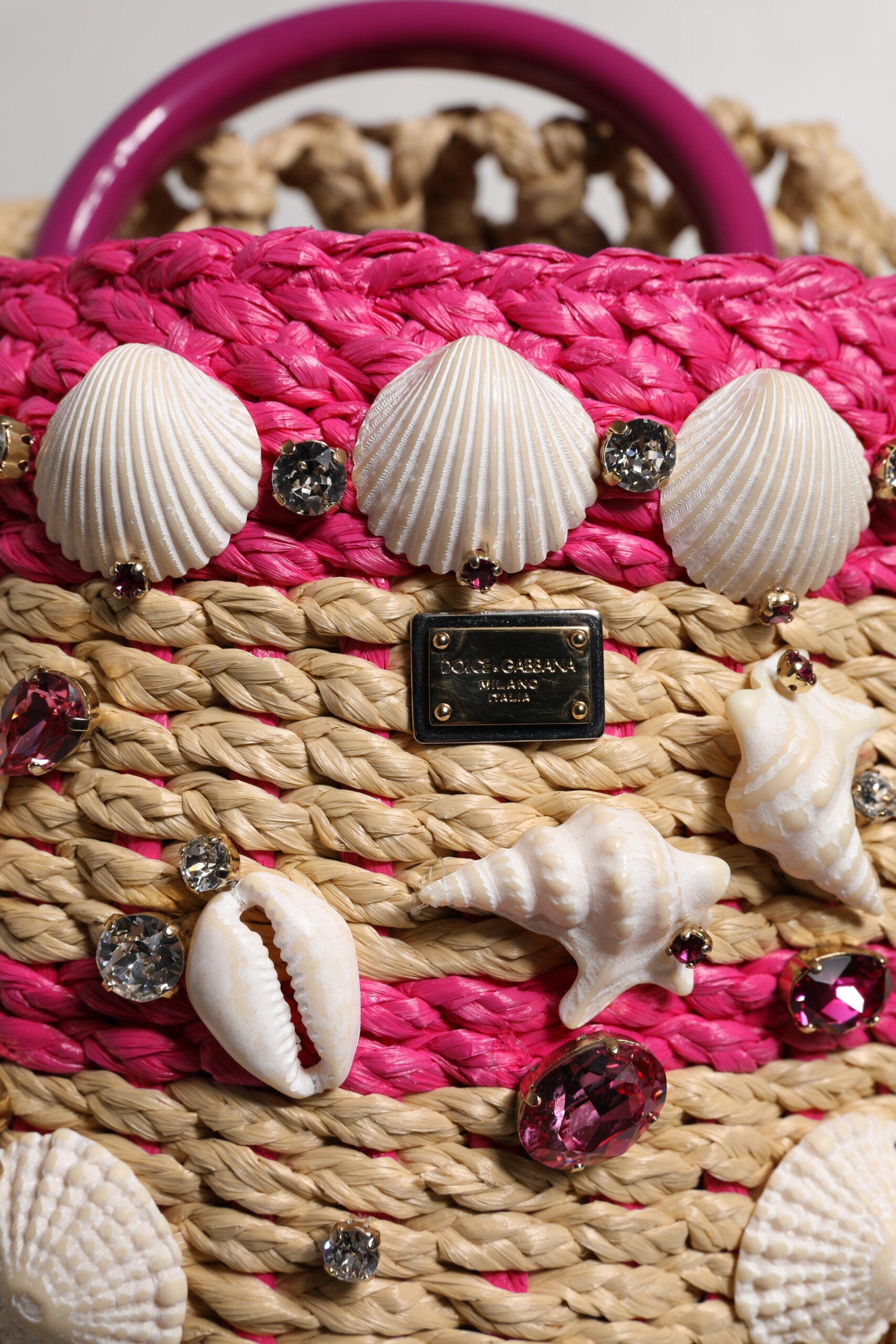 Multicolor Bucket Raffia Seashells Crystals Handbag Bag