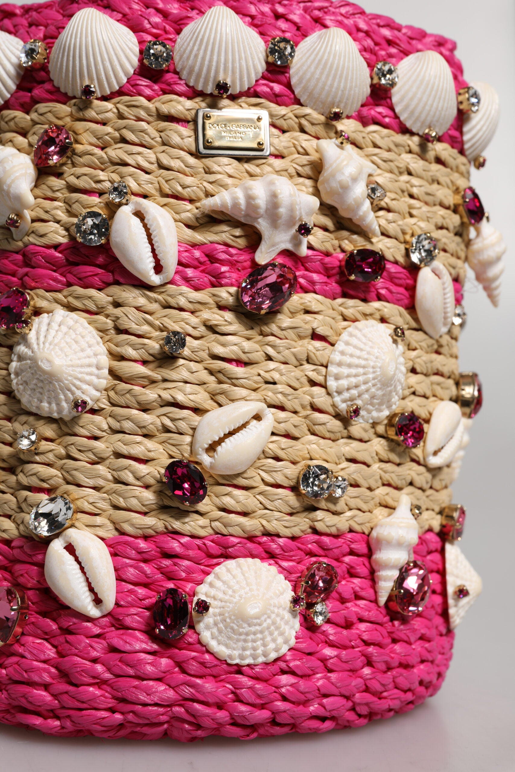 Multicolor Bucket Raffia Seashells Crystals Handbag Bag