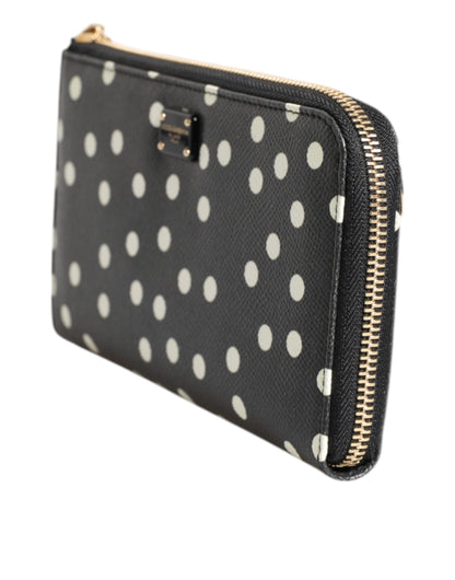 Black White Dotted Leather Zip Around Continental Wallet