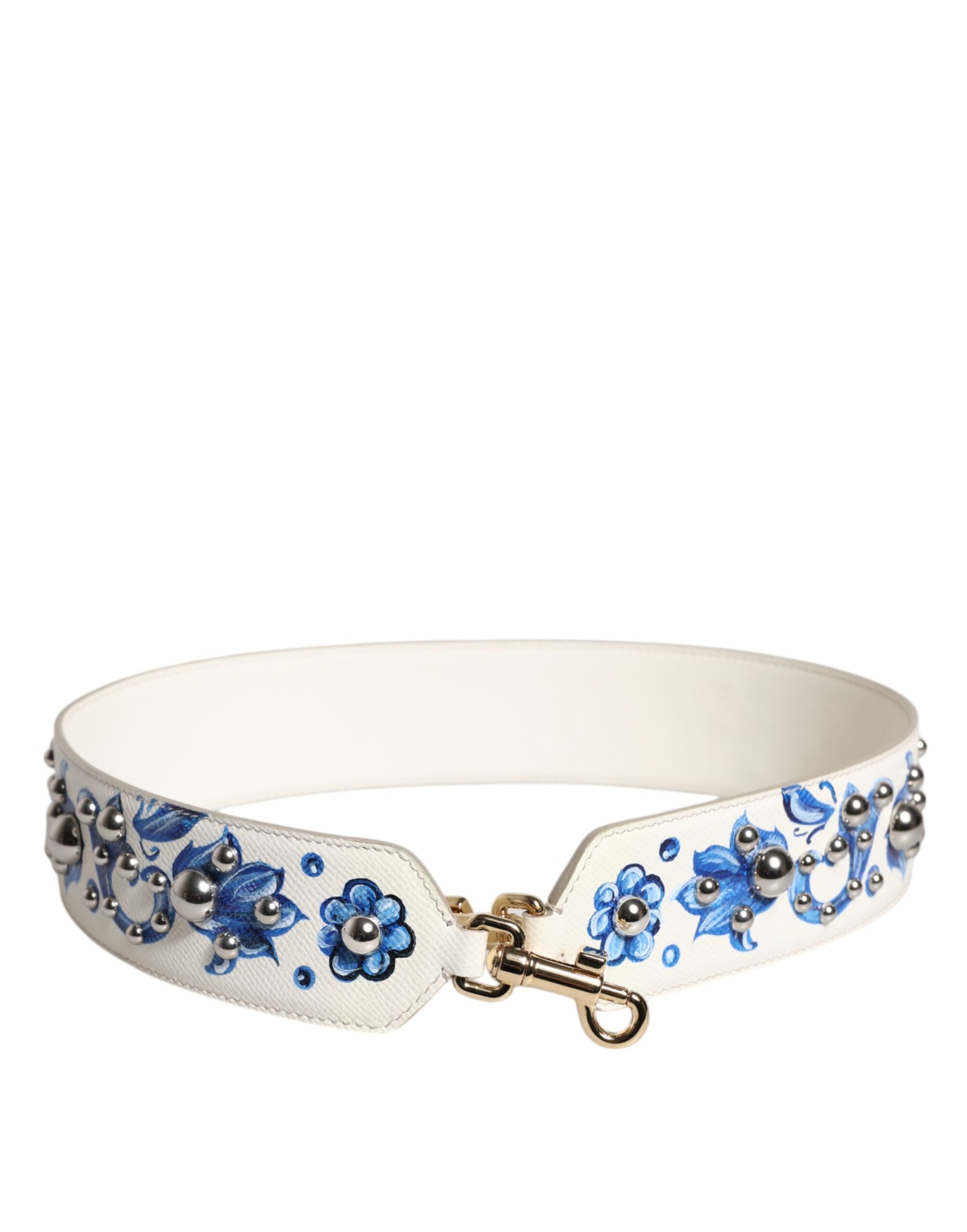 White Blue Floral Leather Stud Shoulder Strap
